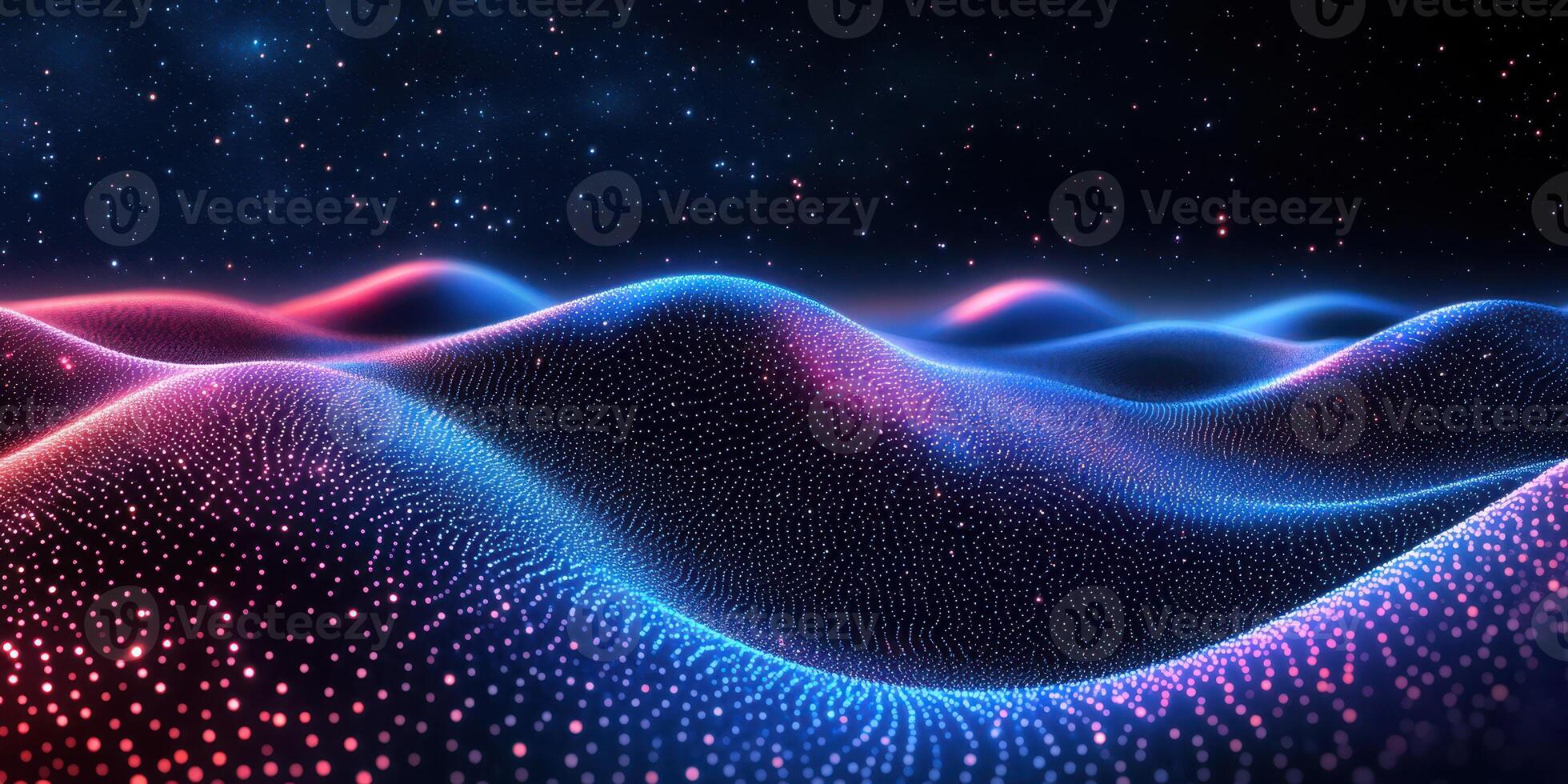 Colorful waves of light create a digital landscape against a dark starry background photo