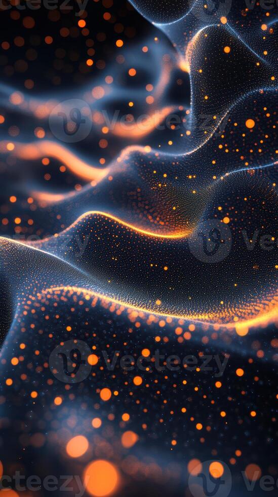 Abstract representation of flowing waves with glowing particles in dark shades creating a mesmerizing visual effect photo