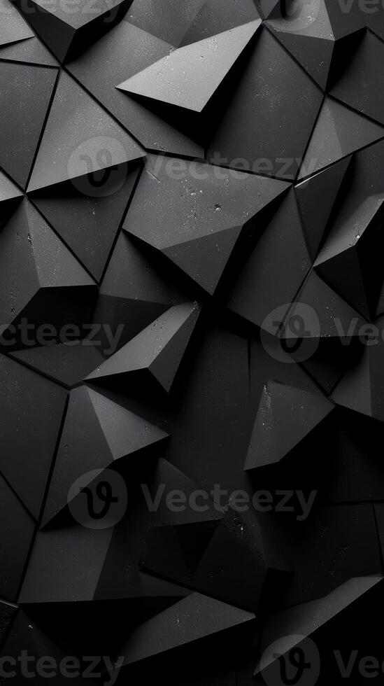 Abstract geometric patterns in a black three-dimensional design with sharp angles and varied textures in close-up view photo