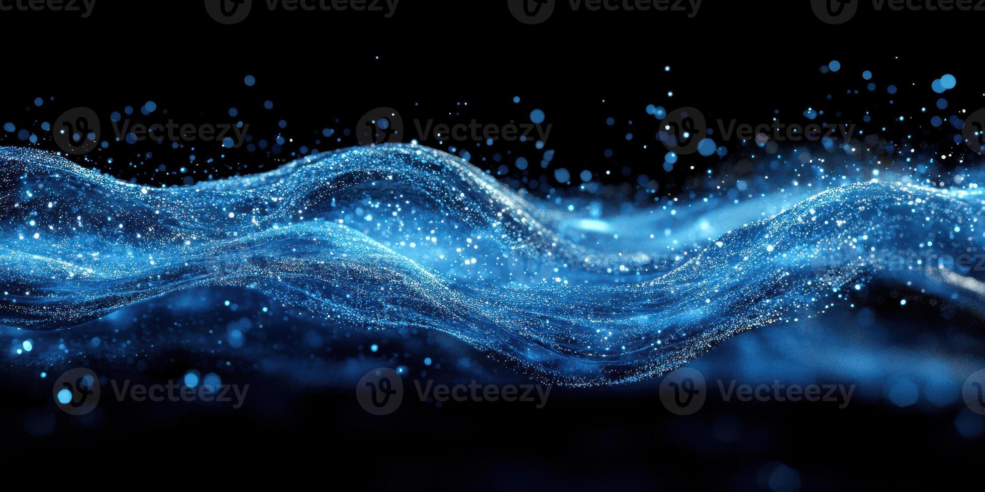 Flowing blue water with shimmering particles creating a mesmerizing visual effect at night photo