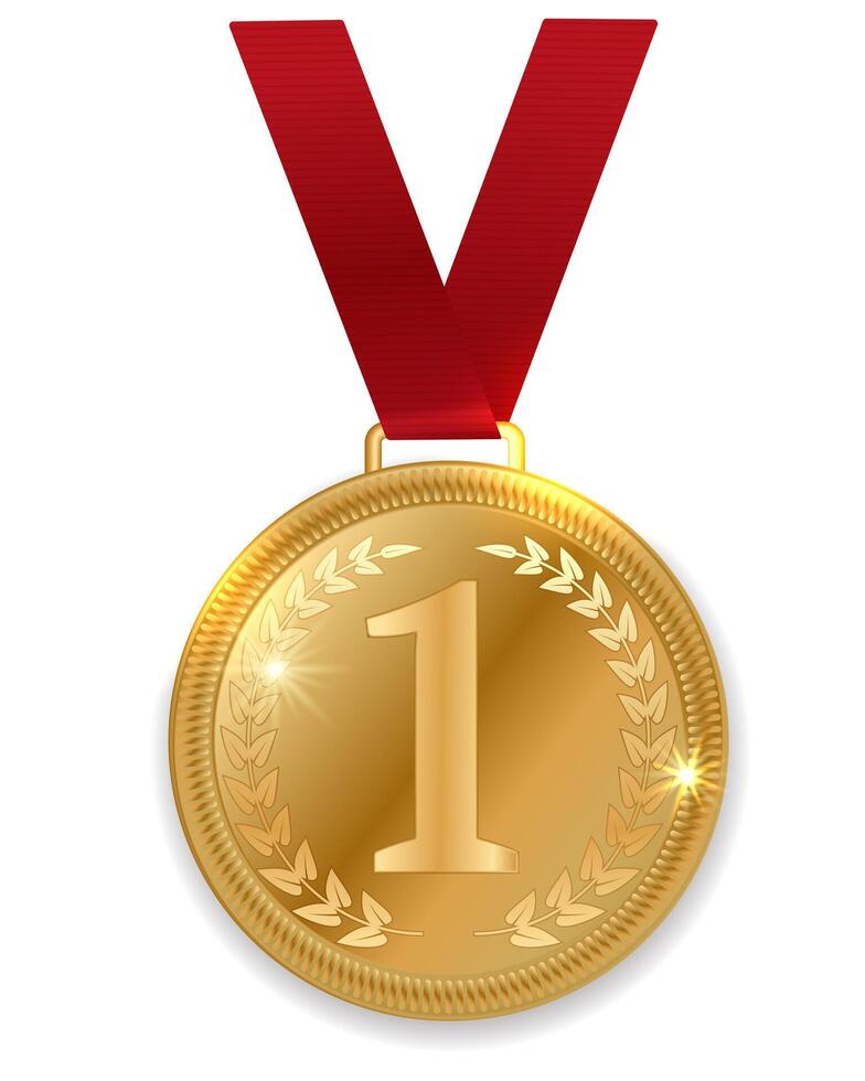 gold award medal for first place with red ribbon on white background vector