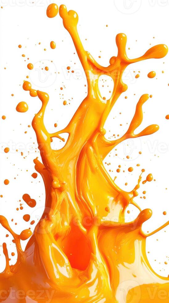 Dynamic splash of vibrant orange liquid creating striking patterns against a white background photo