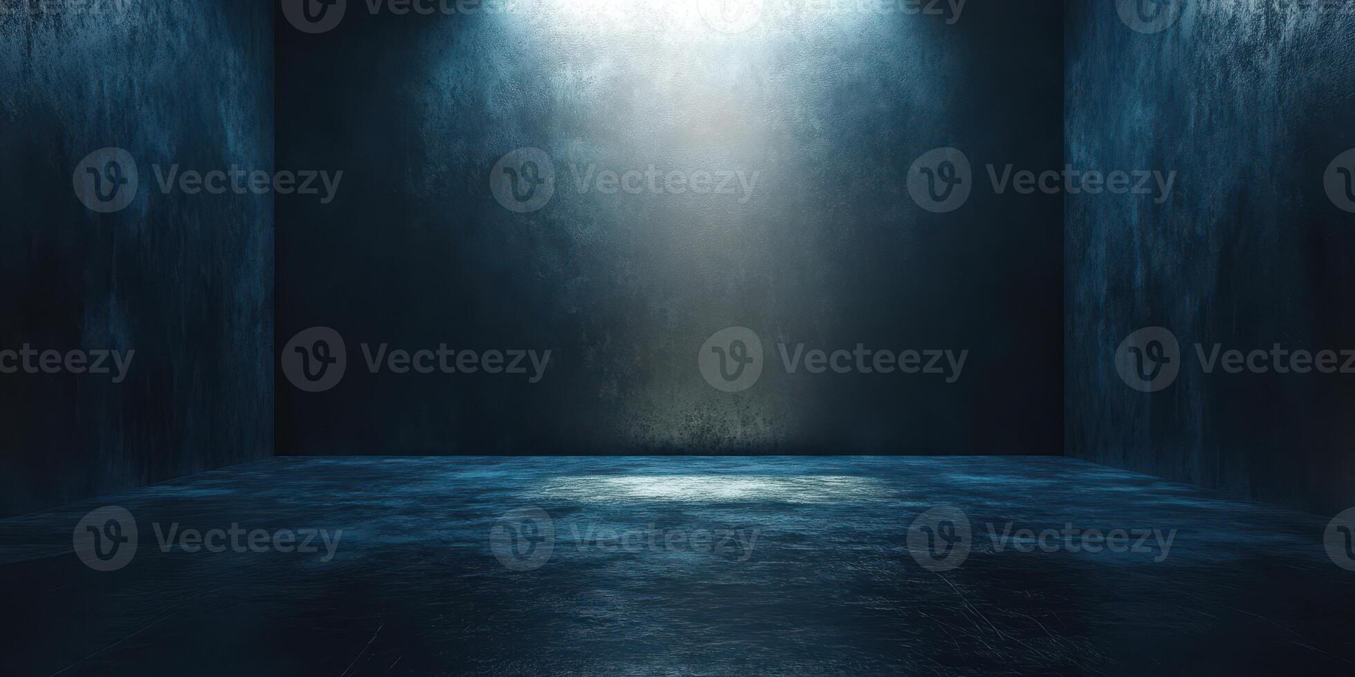 Empty dark room with a single spotlight illuminating the textured walls and floor in a dramatic and moody atmosphere photo