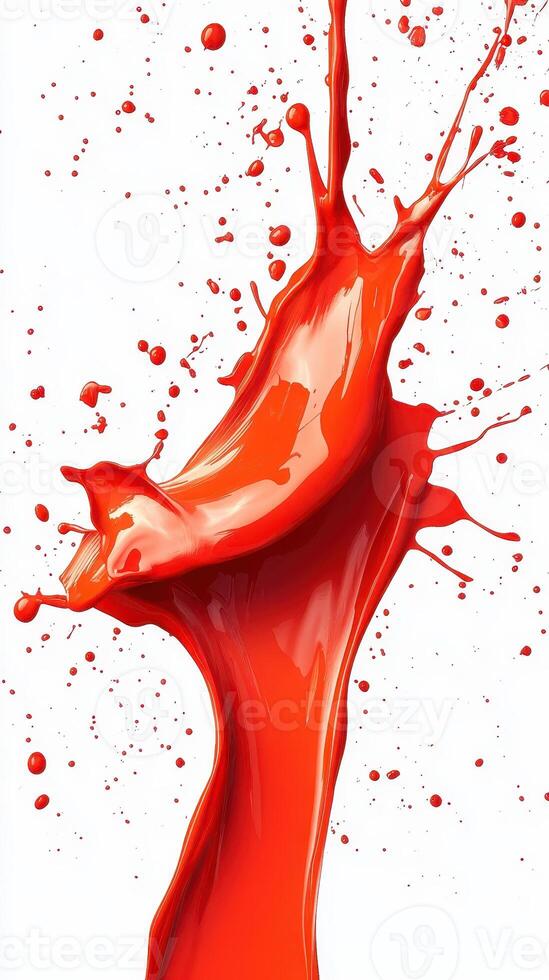 Vivid splash of red paint creating dynamic shapes and patterns against a white background photo