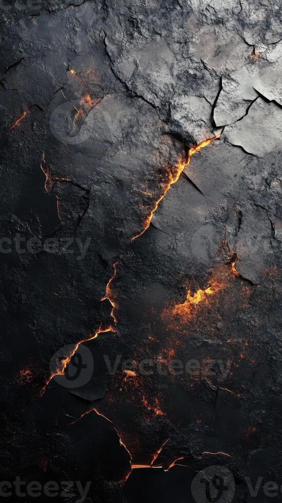 Cracks in volcanic rock reveal glowing magma in a dark, textured landscape photo