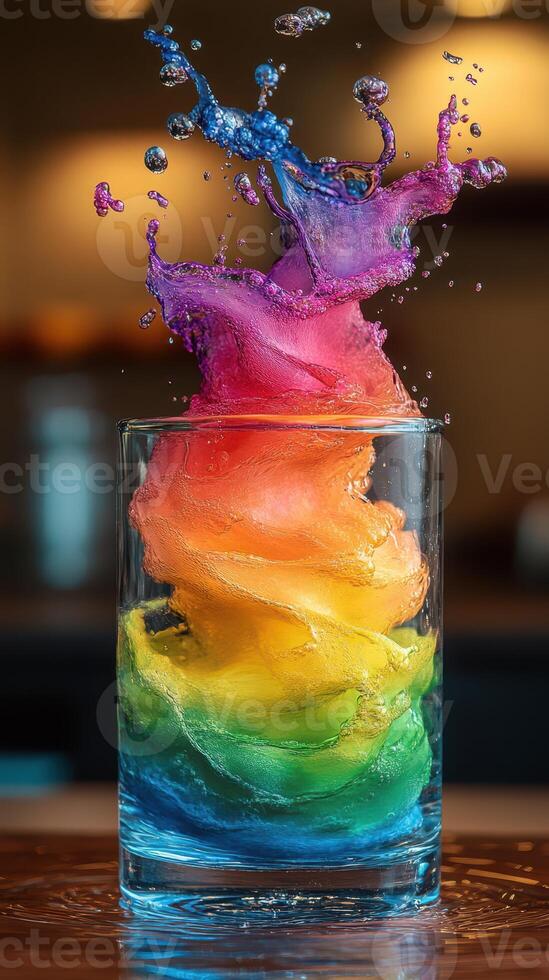 Colorful swirling liquid creates a vibrant display in a glass during a lively gathering in the evening photo
