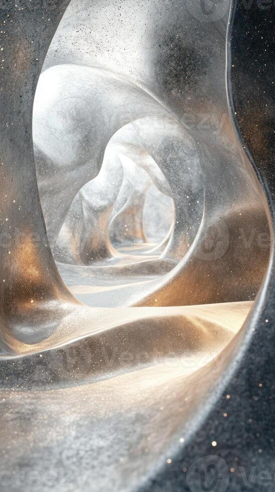 Curved path through shimmering abstract tunnel with a blend of light and shadow during daylight hours photo
