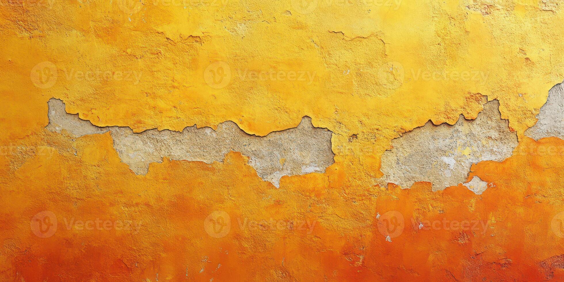 Vibrant orange and yellow textured wall with peeling paint showing structural layers and weathered appearance photo