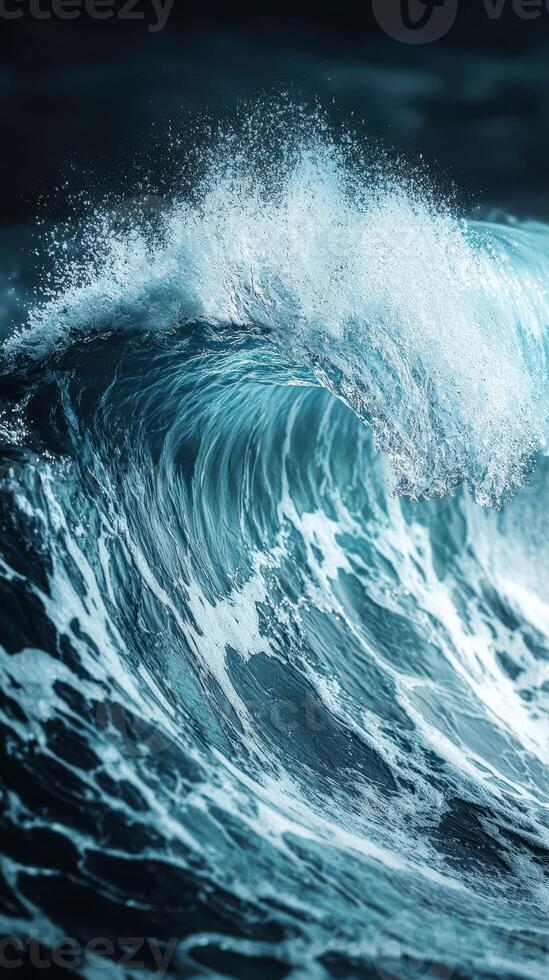 Majestic waves crashing in a turbulent ocean under a cloudy sky at twilight photo