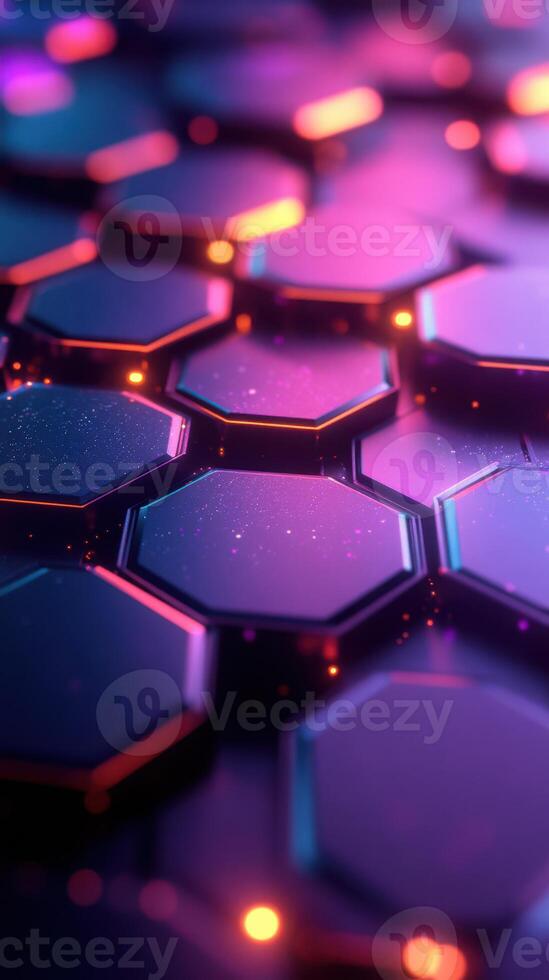 Colorful hexagonal tiles illuminated with neon lights during nighttime in an abstract digital environment photo