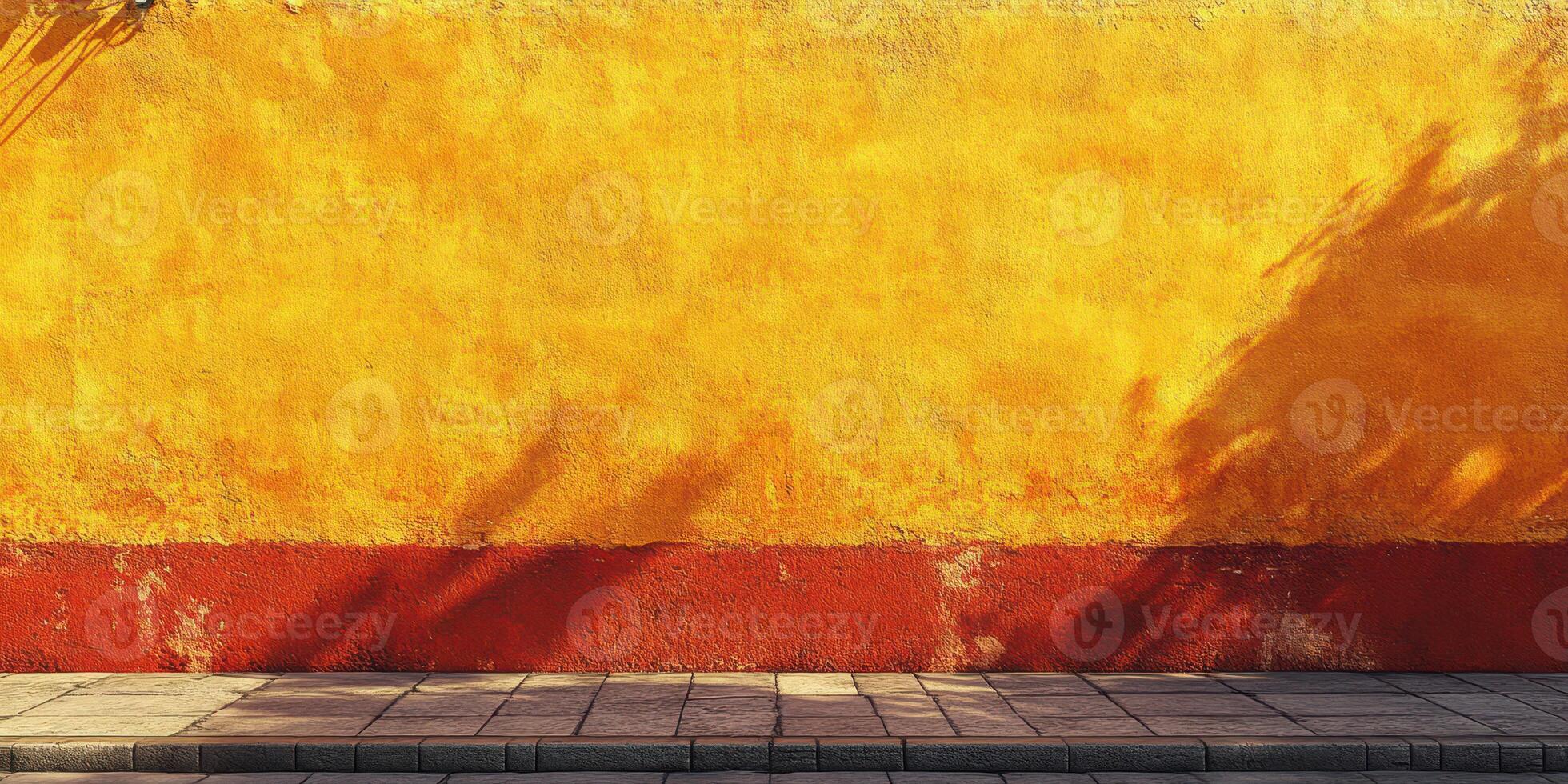 Vibrant yellow wall with red base reflecting warm sunlight in an urban setting photo