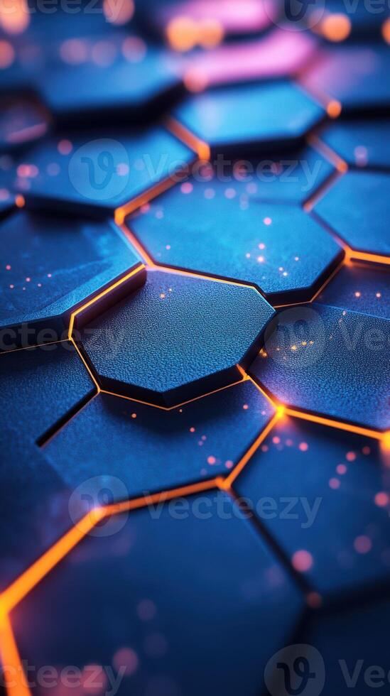 Abstract close-up view of hexagonal patterns and glowing edges in a dark setting at night photo