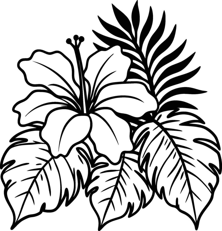 A red hibiscus flower against green tropical leaves vector