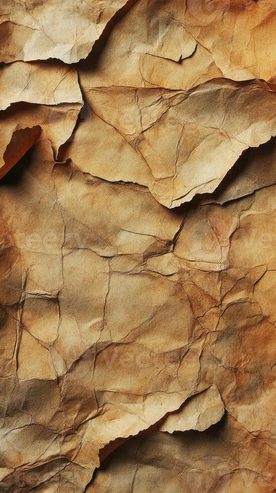 Crumpled brown paper texture showcasing intricate folds and creases in warm tones of orange and brown photo