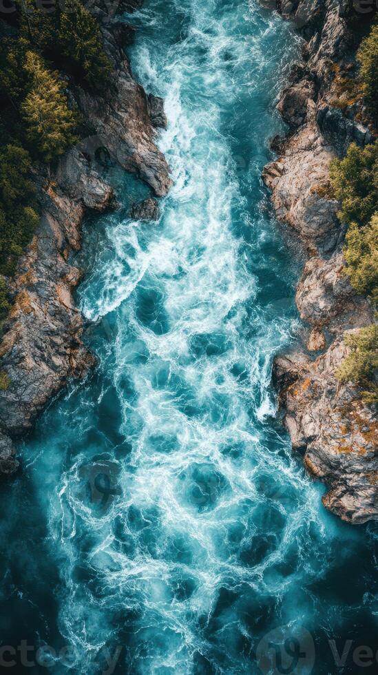 Rushing river flows through rocky canyon surrounded by lush greenery during sunny daylight hours photo