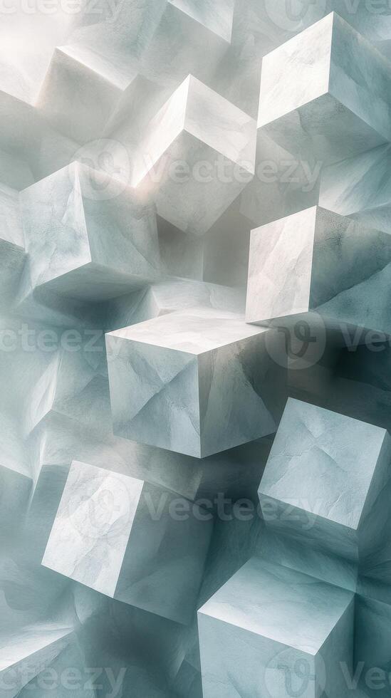 Abstract arrangement of textured cubes in a cool-toned environment showcasing depth and light interaction photo