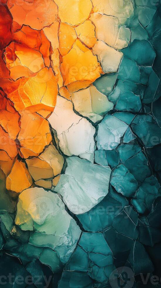 Colorful cracked surface depicting vibrant abstract patterns in various hues during daylight photo