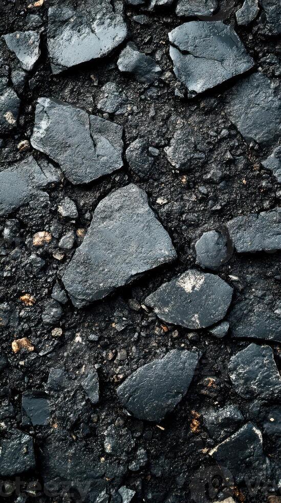 Dark textured asphalt surface with broken stone fragments scattered across the ground photo