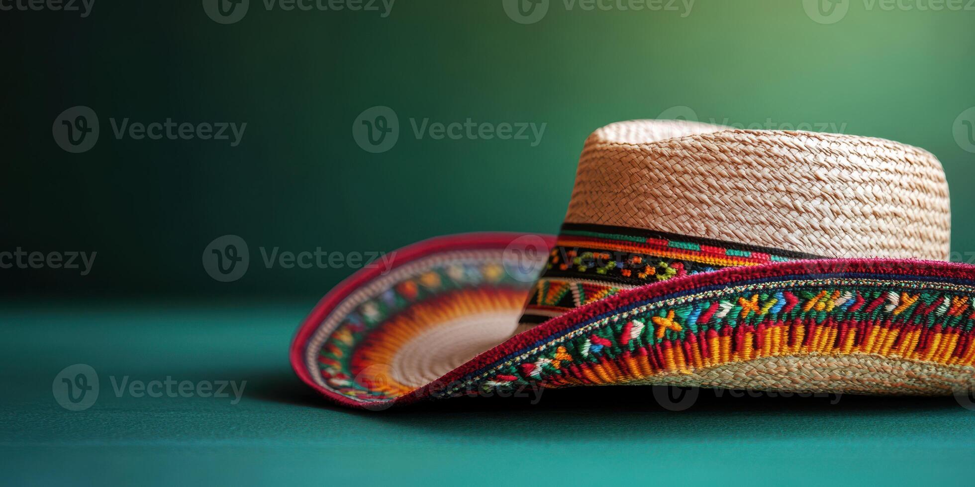 Colorful traditional straw hat rests on a green surface showcasing intricate designs and vibrant patterns photo