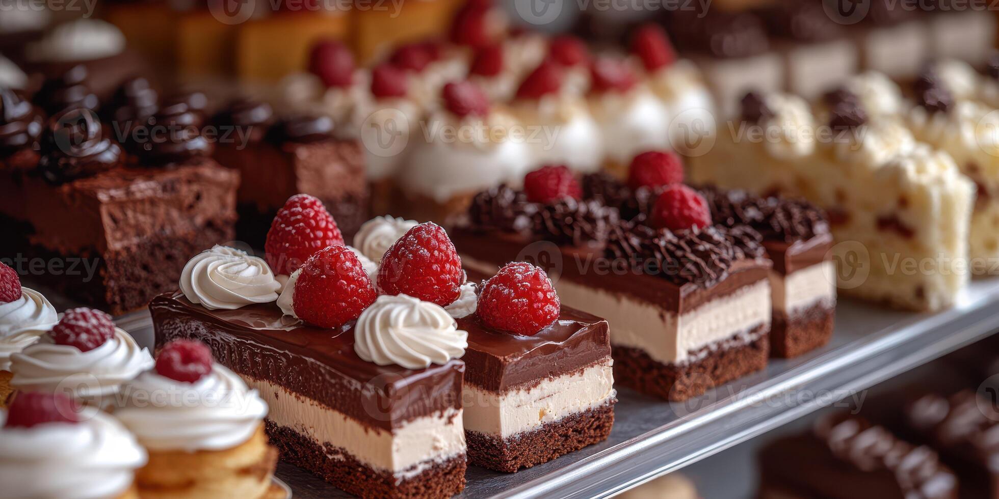 Delicious assortment of chocolate and raspberry desserts displayed at a bakery photo