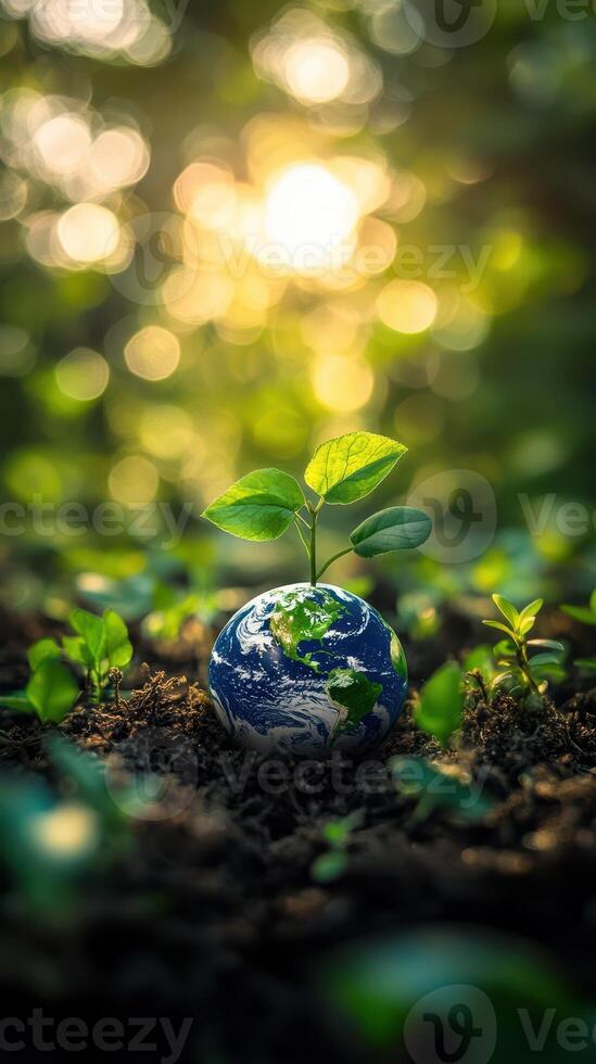 Sprouting plant emerges from miniature Earth in a vibrant forest setting during golden hour photo