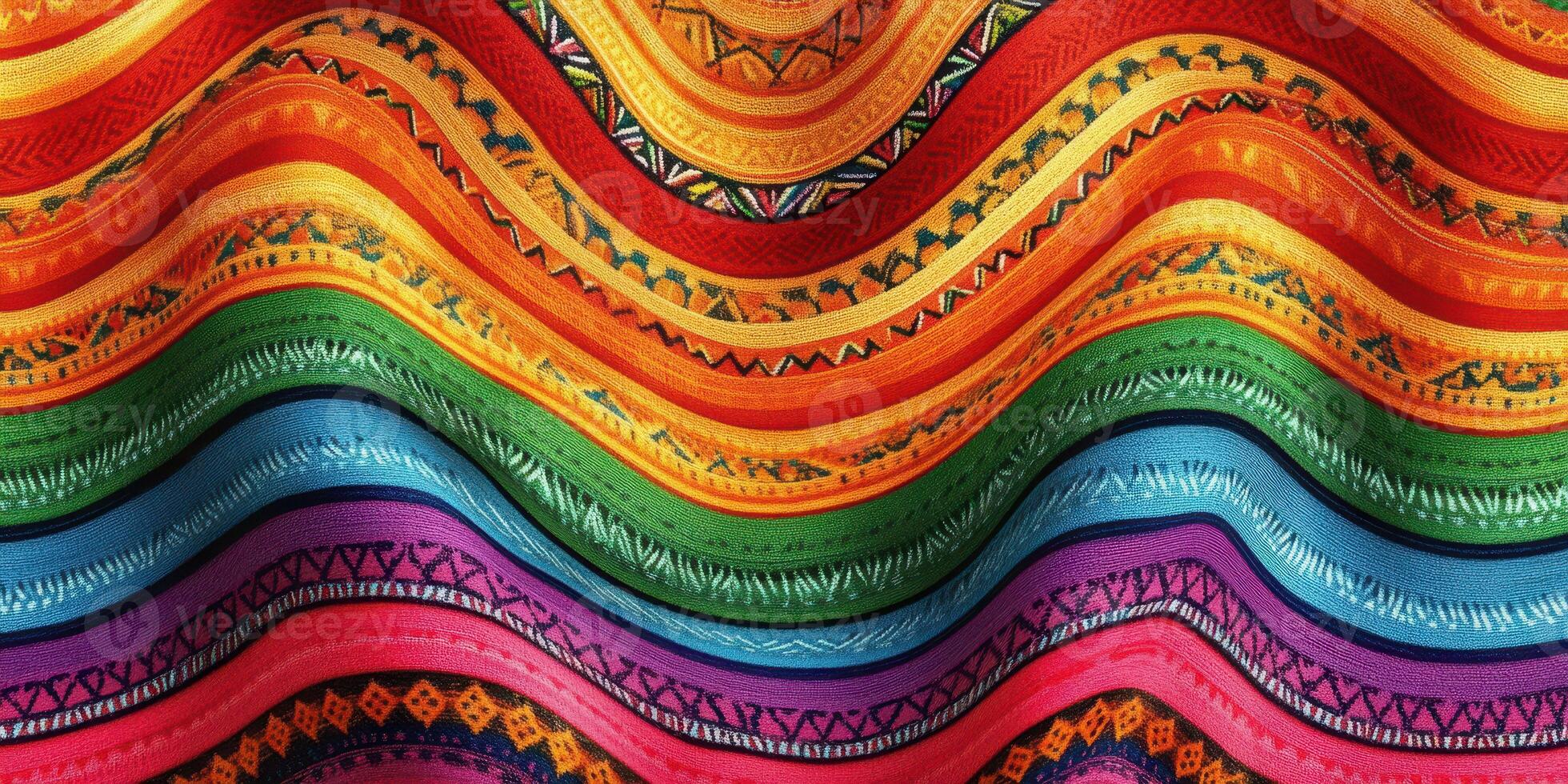 Vibrant textile featuring colorful wavy patterns in rich hues from warm gold to cool green photo