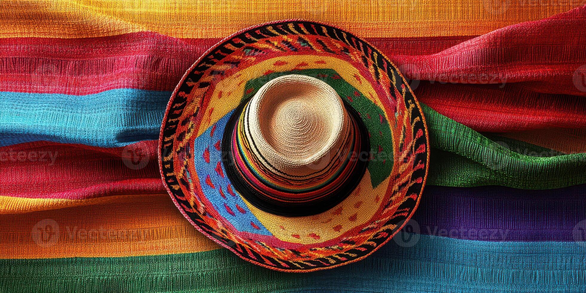 Colorful handmade sombrero resting on vibrant woven textiles reflecting cultural heritage and craftsmanship photo