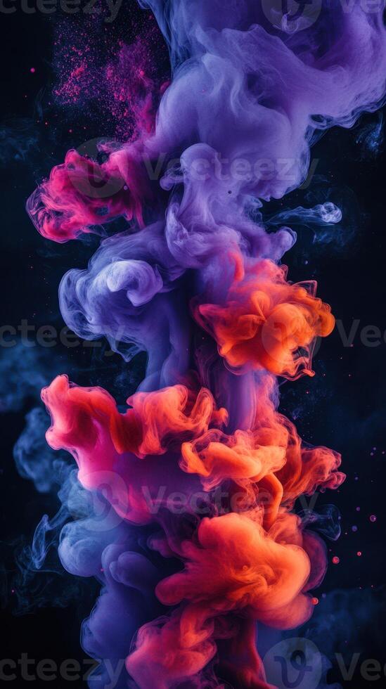 Colorful smoke swirls intertwining in a dark background create an artistic expression of motion and fluidity photo