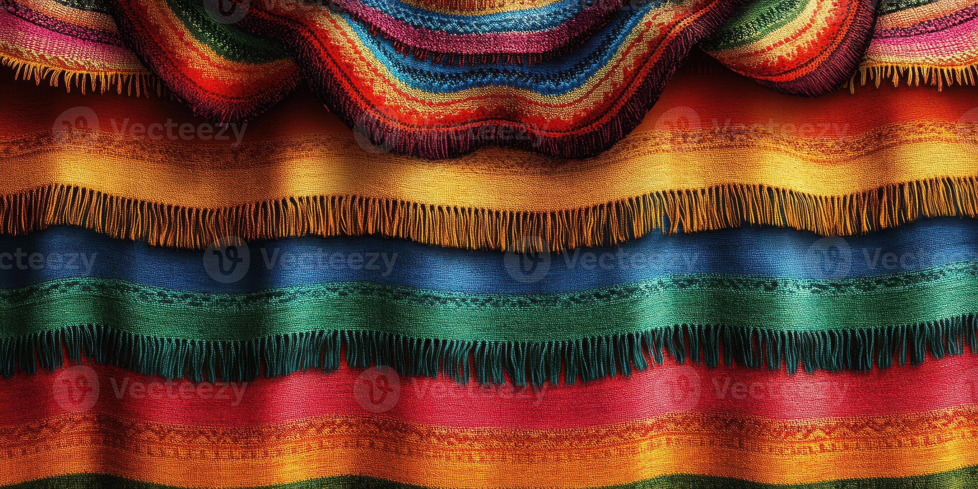 Colorful woven textile with patterns and fringes displayed prominently in a vibrant arrangement photo