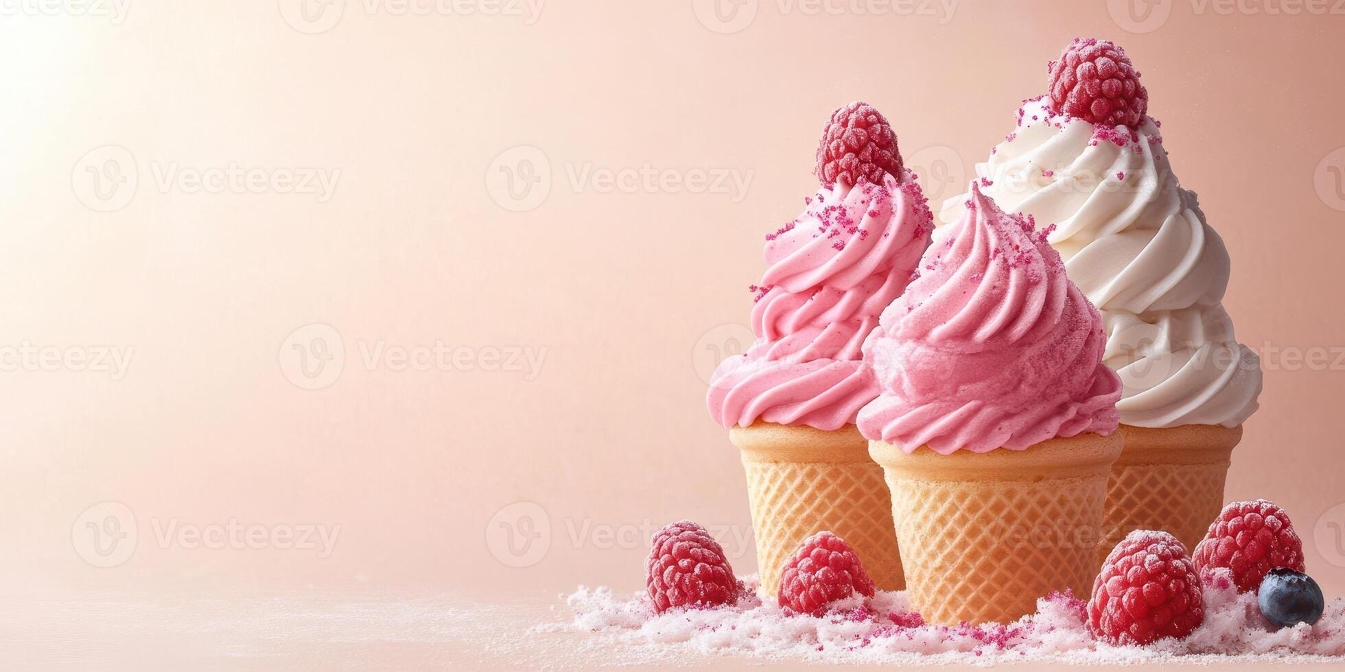 Delicious soft serve ice cream cones topped with fresh raspberries and moistened with colorful sprinkles photo