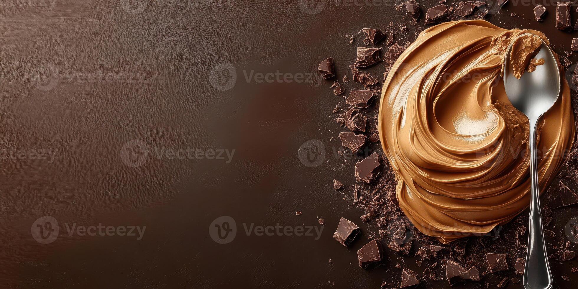 Creamy peanut butter spread artfully swirled with chocolate pieces on a dark surface photo