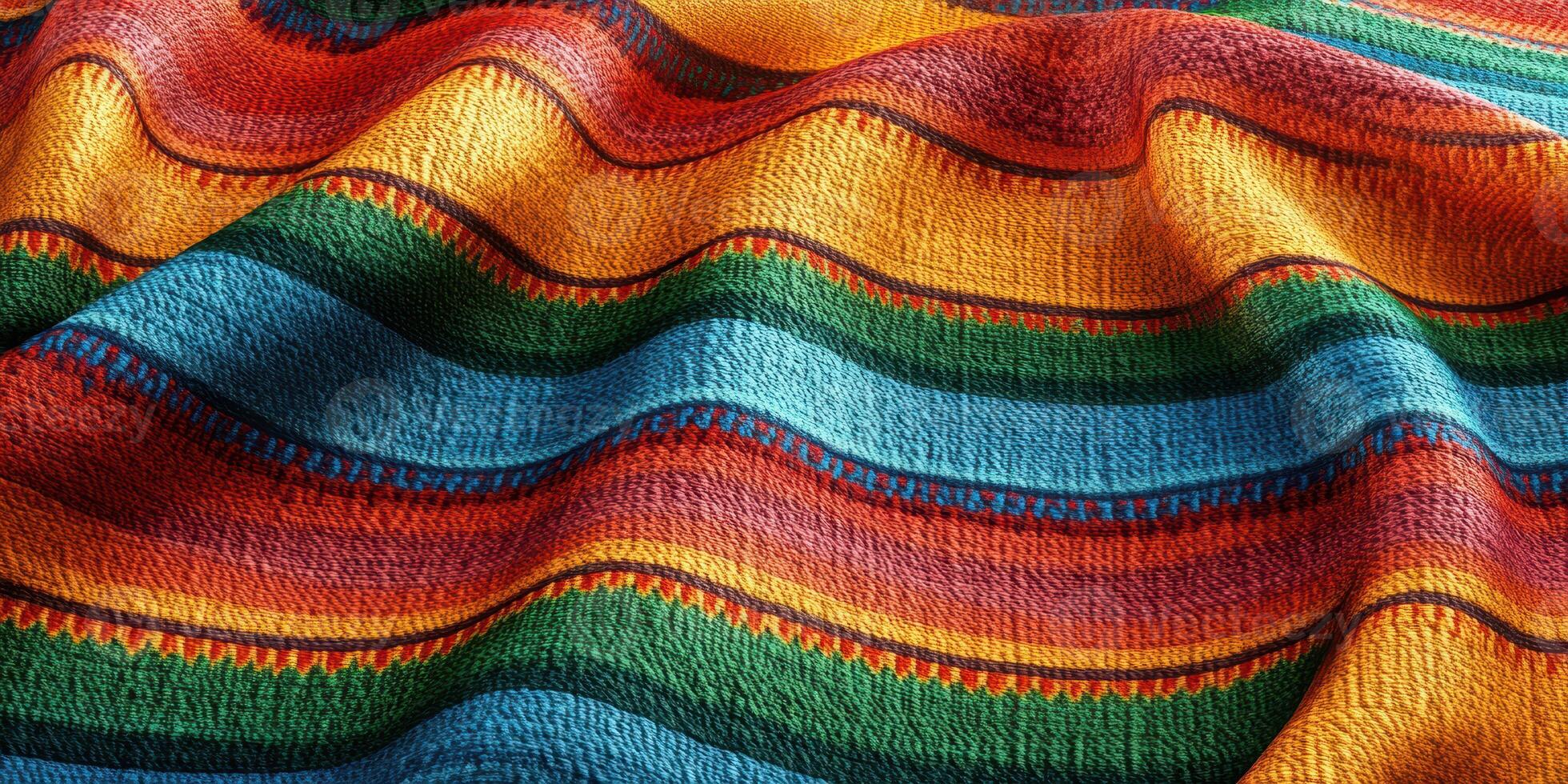 Colorful woven blanket with intricate patterns displayed in natural light photo