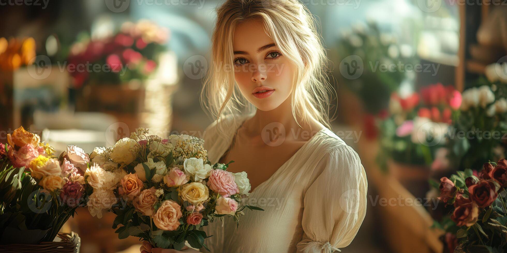 Beautiful woman holding a bouquet in a vibrant flower shop filled with colorful blooms during daylight hours photo