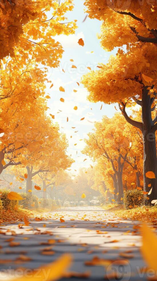 Bright autumn pathway lined with orange trees and falling leaves in a tranquil park setting photo