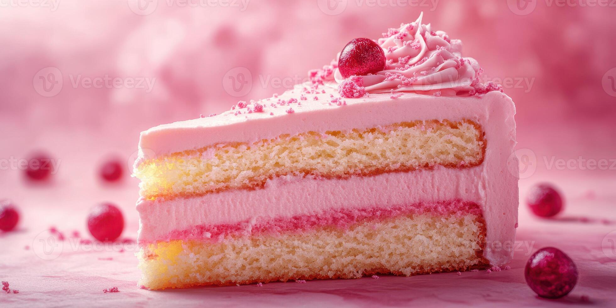 Delicious pink layered cake with creamy frosting and decorative sprinkles on a bright background photo