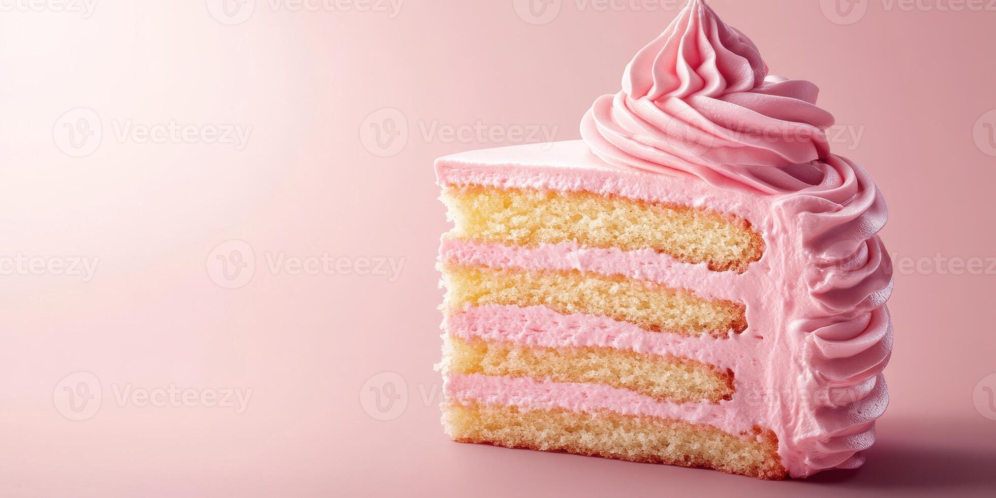 Delicious cake slice with pink frosting showcasing fluffy layers and perfect decoration on a pastel background photo