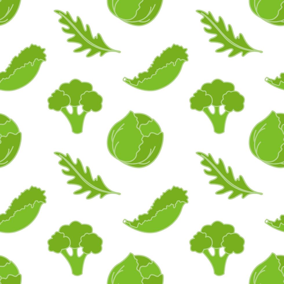 Vegan vibe, green healthy vegetables for vegetarian nutrition, seamless pattern with cabbage arugula broccoli salad. vector