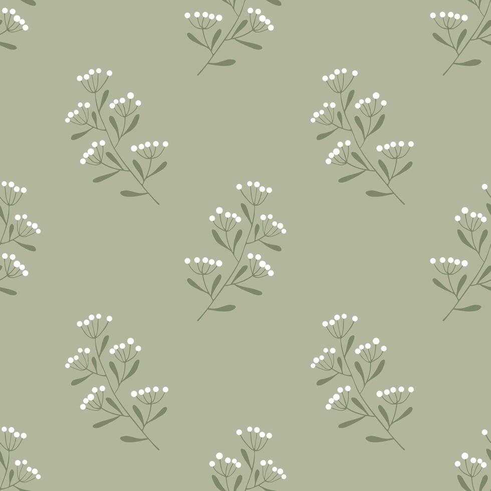 Achillea millefolium stylized flowers, seamless pattern, grass meadow with yarrow twigs. vector