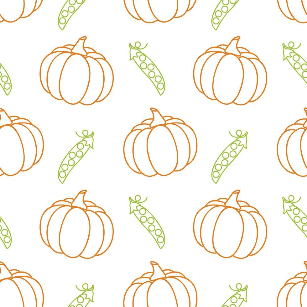 Vegan vibe pattern with healthy vegetables pumpkin and green peas, outlines of healthy vegetables on white background. vector