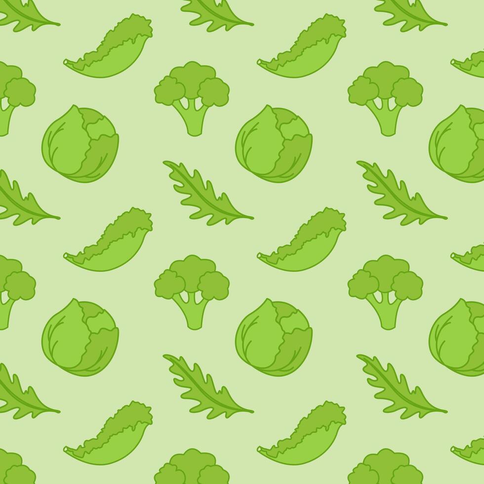 Green vegan vibe, green healthy vegetables, vegetarian nutrition, seamless pattern with cabbage arugula broccoli salad. vector