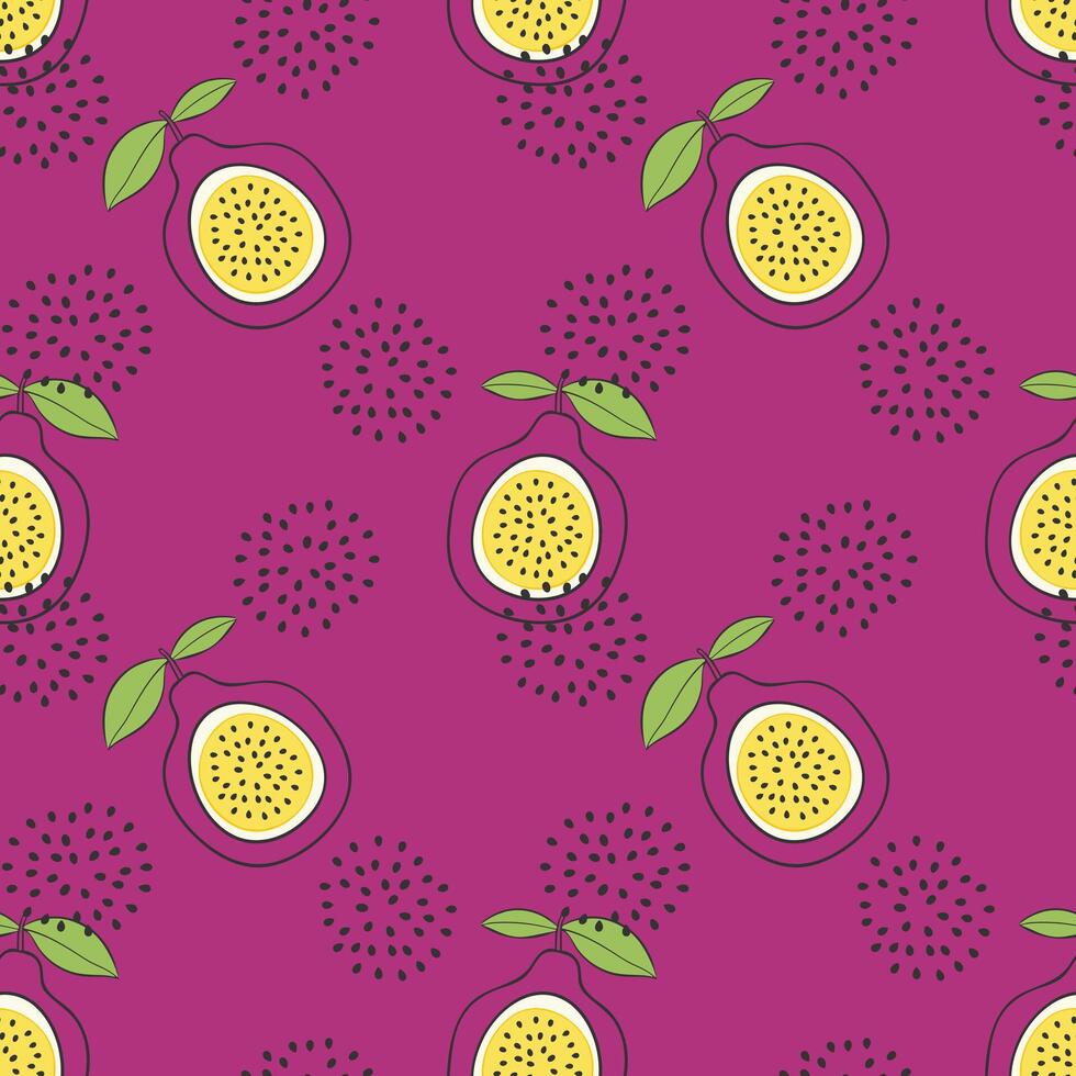 Purple bright pattern of passion fruit. Tropical vibe. Drawing of stylized fruits on rich burgundy background. vector