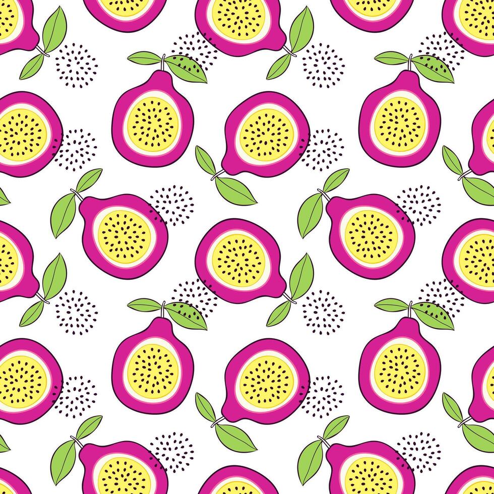 Exotic passion fruit pattern. Summer vibe. Drawing of stylized fruits on white background. vector
