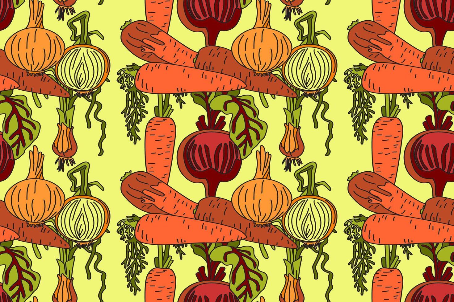 Botanical abstract seamless pattern with cartoon colorful carrots, onions, beets illustration. Repeating vegetables pattern in yellow color background. Graphic design for Fashion Cover Textile vector