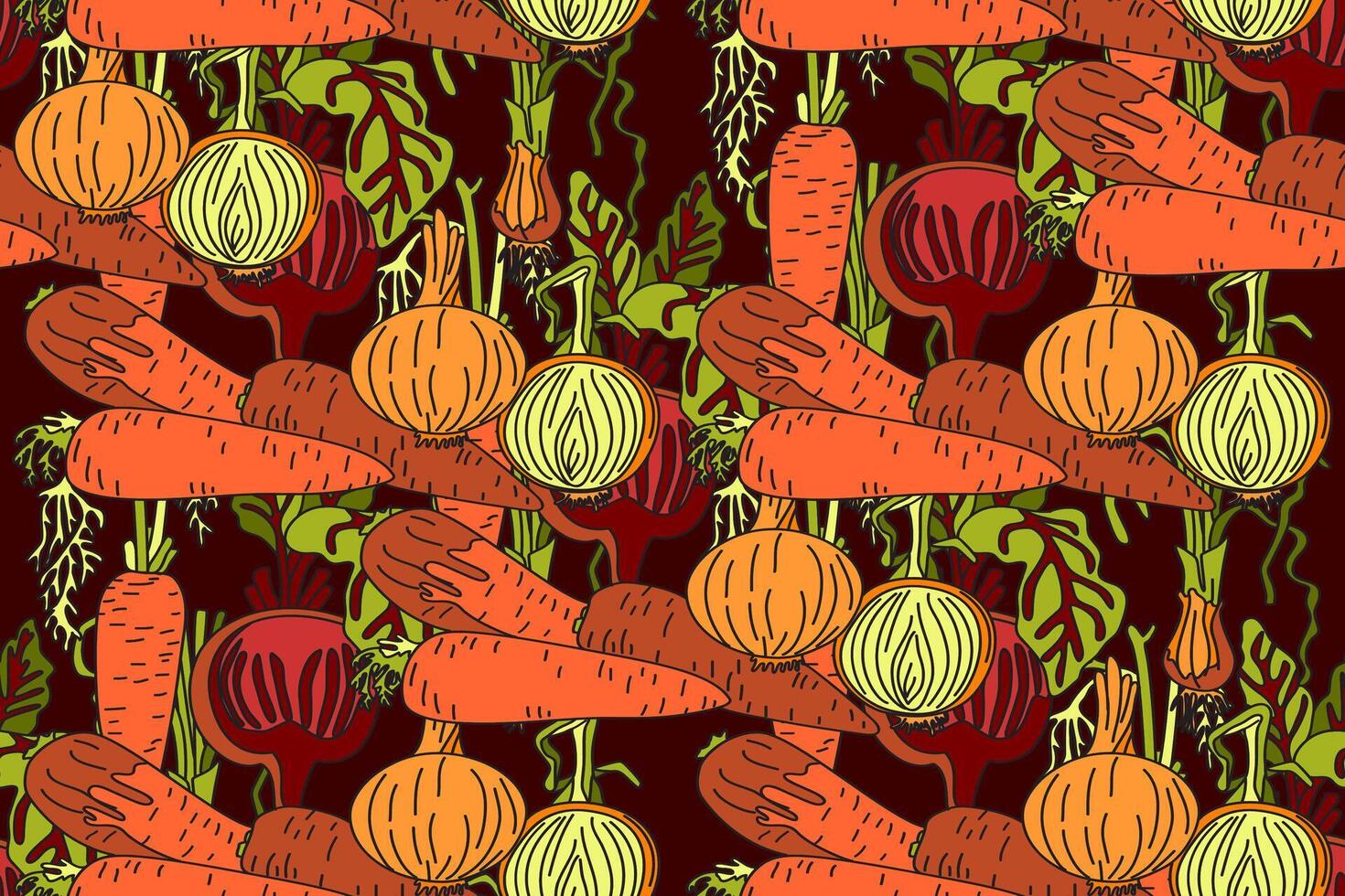 Botanical abstract seamless pattern with cartoon colorful carrots, onions, beets illustration. Repeating vegetables pattern in burgundy color background. Graphic design for Fashion Cover Print vector