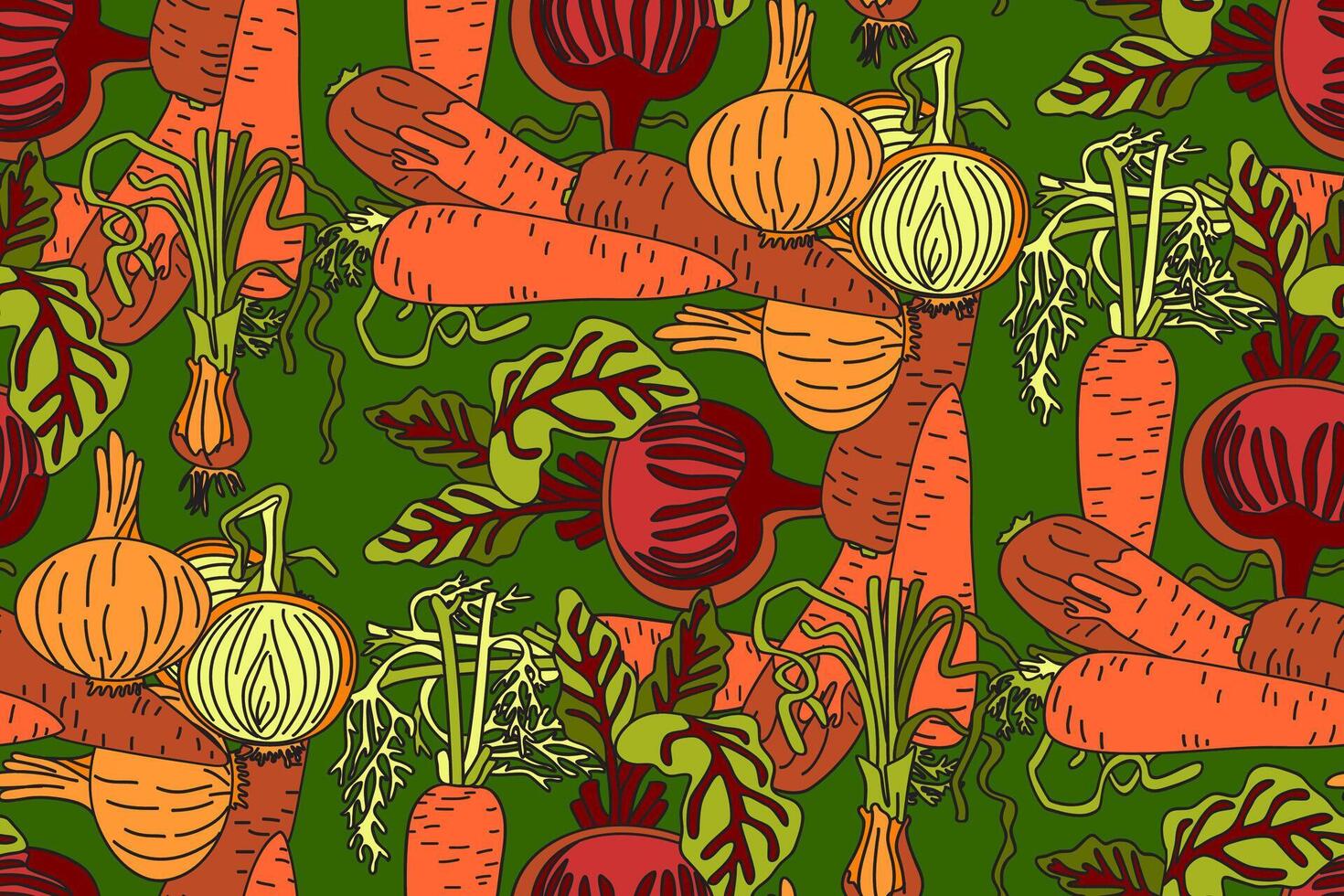 Botanical abstract seamless pattern with juicy vegetables illustration. Colorful carrots, onions, beets repeating cartoon pattern in green color background. Graphic design for Fashion Cover vector