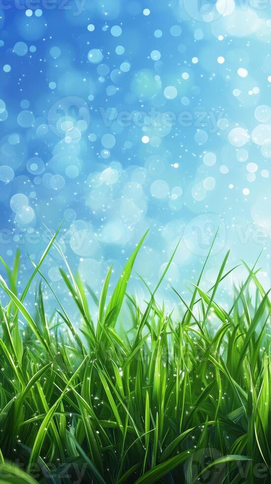 Lush green grass under a clear blue sky with soft sunlight creating a serene and refreshing atmosphere outdoors photo