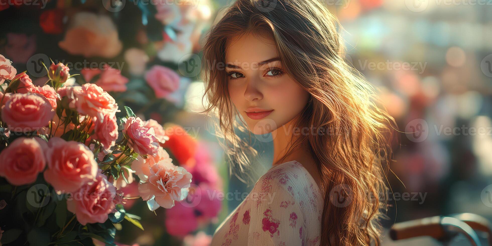 Young woman surrounded by colorful roses at a vibrant outdoor market during golden hour photo