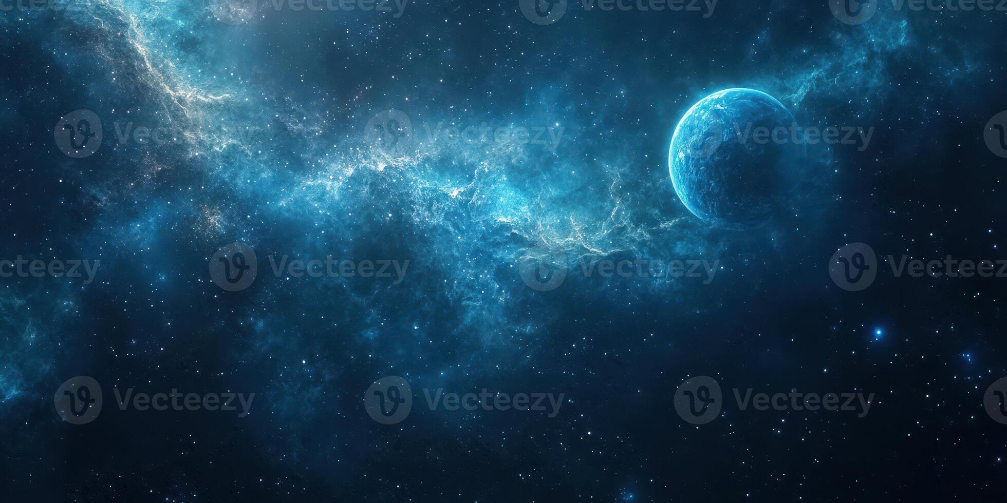 Starry night view showcasing a distant blue planet and swirling cosmic clouds in a vibrant galaxy photo