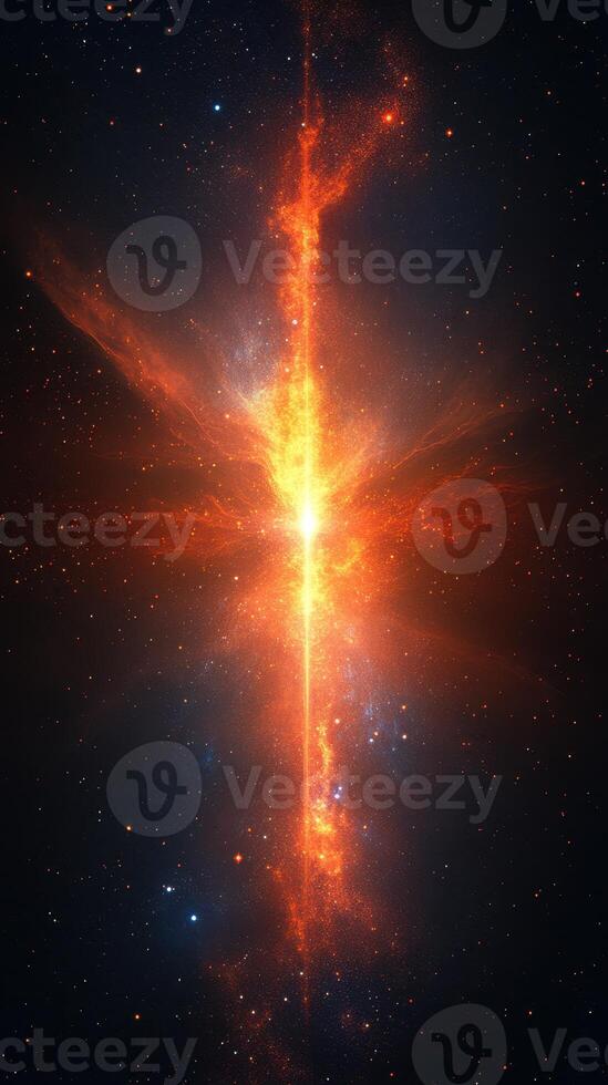 Vivid cosmic explosion of bright orange and red light against a dark endless space background during an astronomical event photo