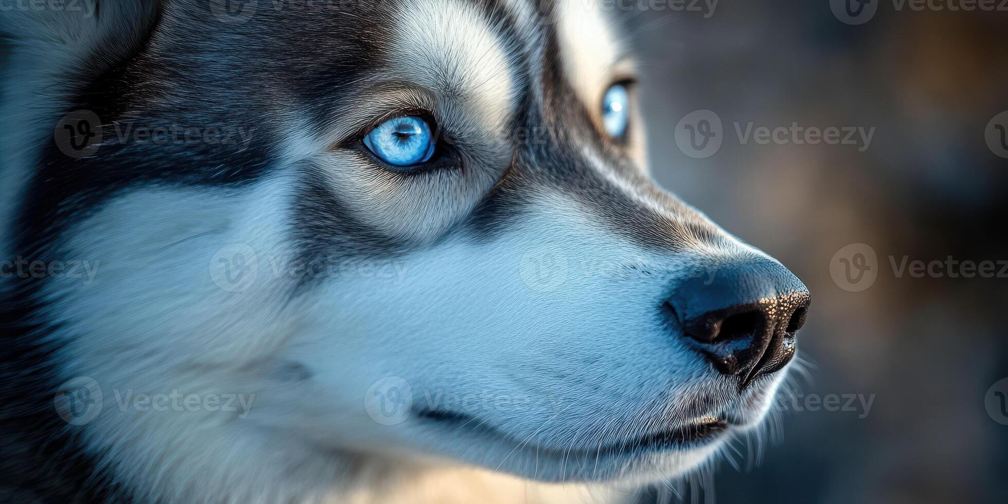 Siberian husky with striking blue eyes gazes thoughtfully in a natural setting during golden hour photo